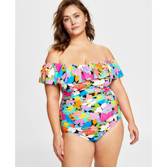 Plus Size Tummy Control Off-The-Shoulder Ruffled Swimsuit, Created For Macy's