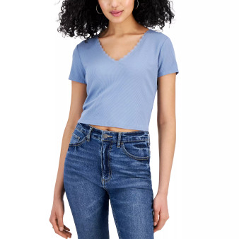 Juniors' V-Neck Lace-Trim T-Shirt