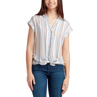 Juniors' Button-Front Striped Short-Sleeve Top