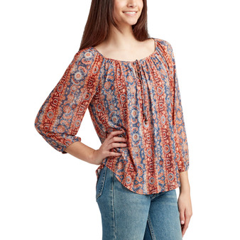 Juniors' Printed Mesh Peasant Top