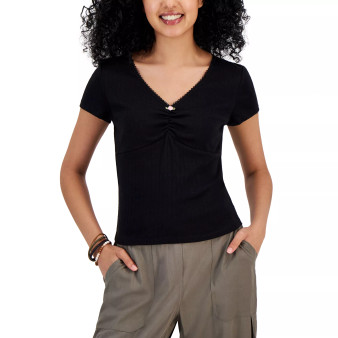Juniors' Ruched V-Neck T-Shirt