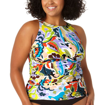 Plus Size Printed Open-Back Tankini Top