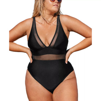 Women's Plus Size One Piece Swimsuit V Neck Mesh Sheer Bathing Suit