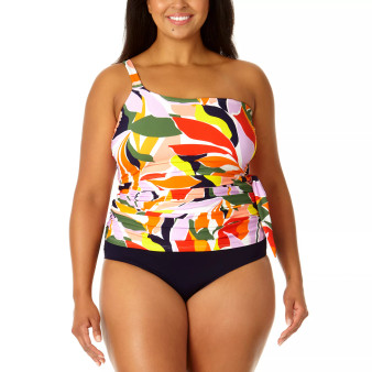 Plus Size Printed Asymmetric-Side-Tie Tankini Top & High-Waist Bikini Bottoms