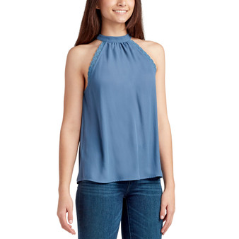 Juniors' Solid Crochet-Trimmed Halter Tank Top