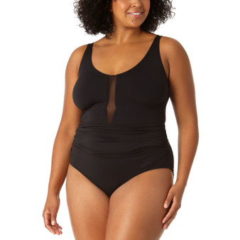 Plus Size Mesh-Inset Plunge One-Piece Swimsuit
