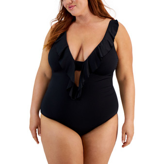 Trendy Plus Size Color Code Ruffled One-Piece Swimsuit