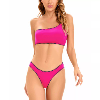 Women's Shell Stitch Asymmetrical Bra Top & Hipster Bottoms