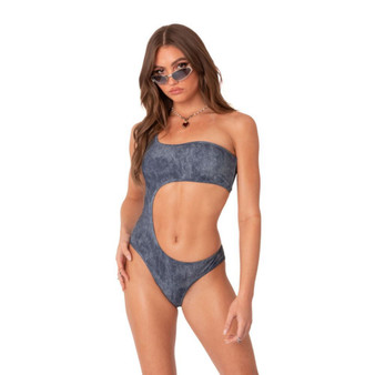 Women's Denim Print One Shoulder Cutout One Piece Swimsuit