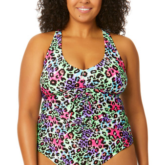 Trendy Plus Size Leopard Love Cinch-Front X-Back Tankini Top, Created for Macy's
