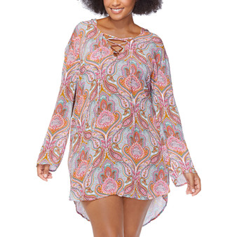 Plus Size Paisley-Print Silk Road Hooded Lace-Up Swim Cover-Up