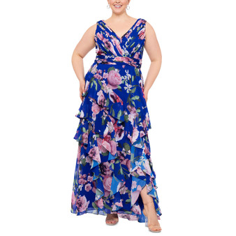Plus Size Tiered Floral-Print Chiffon Long Fit & Flare Dress