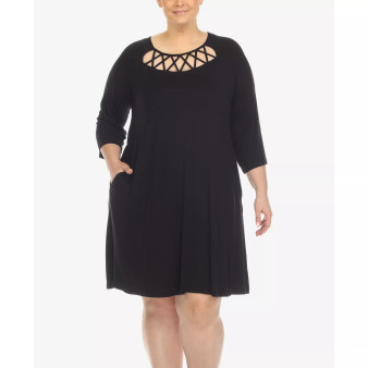 Plus Size Criss Cross Neckline 3/4 Sleeve Swing Dress