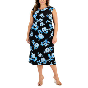Plus Size Printed Cowlneck Sleeveless Midi Dress