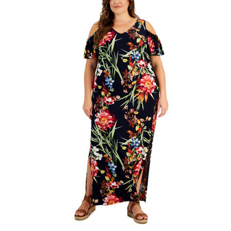 Plus Size Printed Cold-Shoulder Maxi Dress