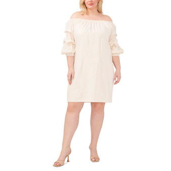 Plus Size Striped Off-The-Shoulder Lantern-Sleeve Cotton Dress