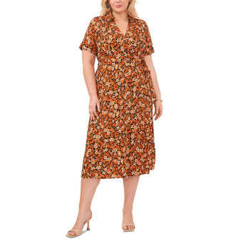 Plus Size Printed Collared Short-Sleeve Midi Dress