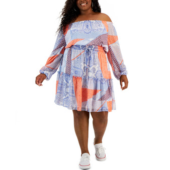 Plus Size Patchwork-Print Off-The-Shoulder Dress