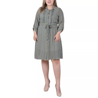 Plus Size Long Roll Tab Sleeve Dobby Dress