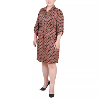 Plus Size Belted Roll Tab Zip Front Shirtdress