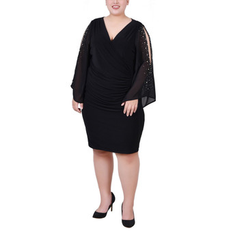 Plus Size Long Sleeve Surplice with Cold Shoulder Studded Chiffon Sleeve Dress