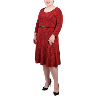 Plus Size Long Sleeve Belted Jacquard Dress