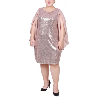 Plus Size Long Open Flutter Sleeve Sequined Dress