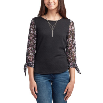 Juniors' Mixed-Media 3/4-Sleeve Tie-Cuff Top