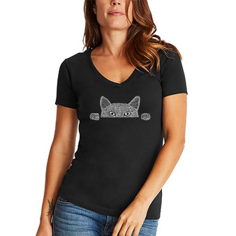 Women's Word Art Peeking Cat V-Neck T-Shirt