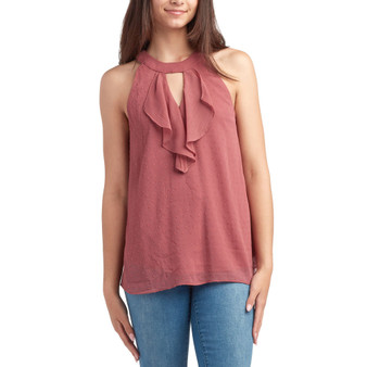 Juniors' Clip-Dot Ruffle-Front Sleeveless Top