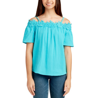 Juniors' Crochet-Trim Off-The-Shoulder Cotton Top
