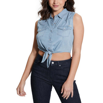 Women's Sleeveless Tie-Hem Classic Western Shirt
