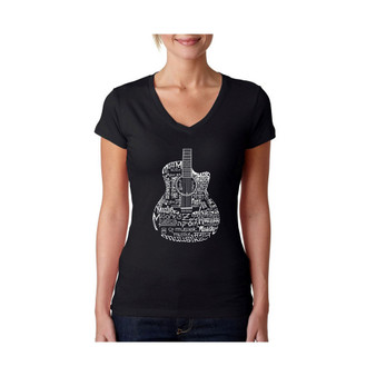 Women's Word Art V-Neck Languages Guitar T-Shirt