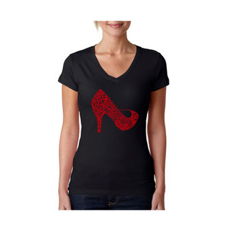 Women's V-Neck T-Shirt with High Heel Word Art