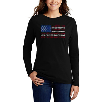 Women's Land of the Free American Flag Word Art Long Sleeve T-shirt