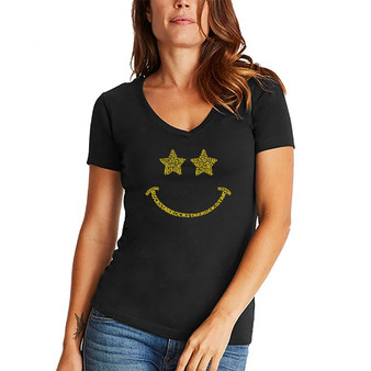 Women's Rockstar Smiley Word Art V-Neck T-shirt