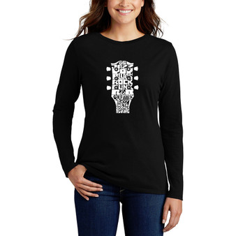 Women's Long Sleeve Word Art Guitar Head Music Genres T-shirt