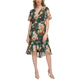 Women's Floral-Print Ruffled Faux-Wrap Dress