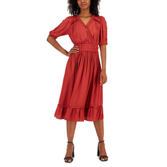 Women's Faux-Wrap Airflow Ruffle-Trim Midi Dress