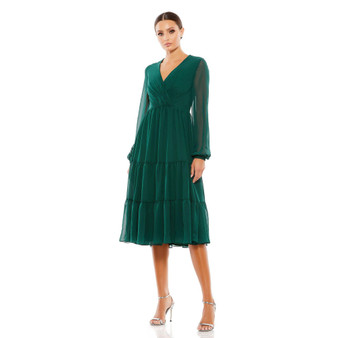 Women's Ieena Illusion Sleeve Ruched V Neck Tiered Midi Dress