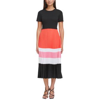 Women's Colorblocked Pleated-Skirt Midi Dress
