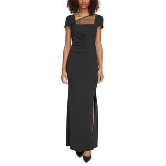 Women's Short-Sleeve Asymmetrical-Neck Mesh Gown
