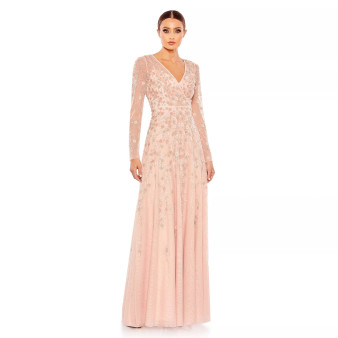 Women's Embellished Wrap Over Illusion Long Sleeve A Line