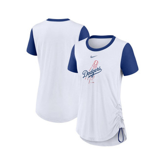 Women's White Los Angeles Dodgers Hipster Swoosh Cinched Tri-Blend Performance Fashion T-shirt