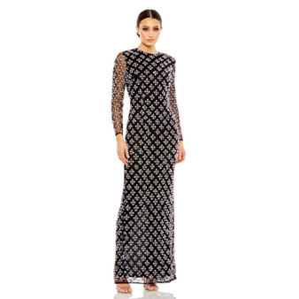 Women's Long Sleeve Embellished High Neck Column Gown