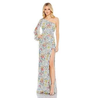 Women's Sequined Floral Print One Sleeve Faux Wrap Gown