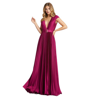 Women's Ieena Pleated Plunge Neck Belted Satin Gown