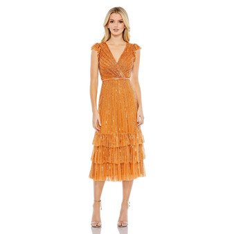 Women's Sequined Wrap Over Cap Sleeve Ruffle Hem Dress