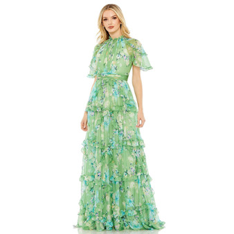Women's Floral Print Chiffon Cascading Ruffle Raglan Gown
