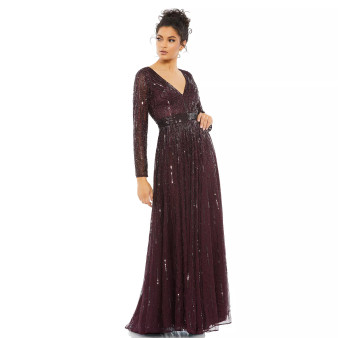 Women's Sequined V Neck Illusion Sleeve A Line Gown